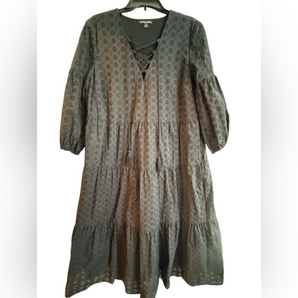 Brooks Brothers Eyelet Midi Dress Black size 12 Boho Peasant Cotton Lined